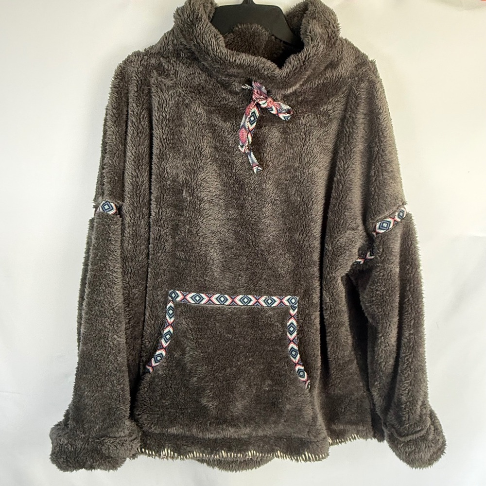 Sundance Gray Faux Fur Fleece sweater L Cowl Neck Geometric Contemporary Boho